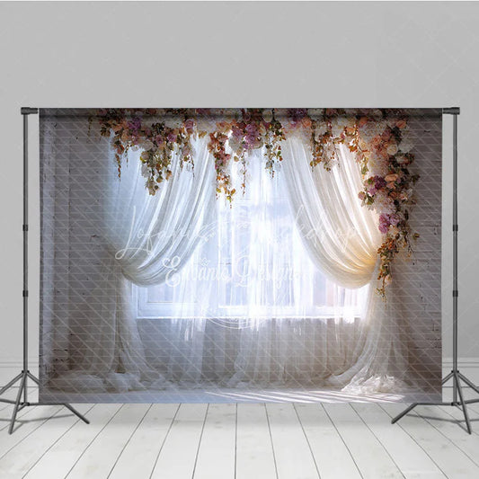 Lofaris Elegant Floral Arch Window Photography Backdrop Romantic Sheer Curtain and White Brick Wall Decor for Portraits