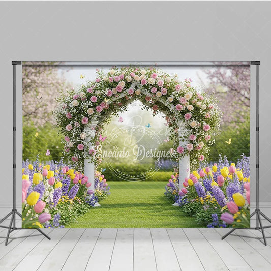 Lofaris Elegant Floral Archway Photography Backdrop with Pink Roses Colorful Tulips and Garden Path
