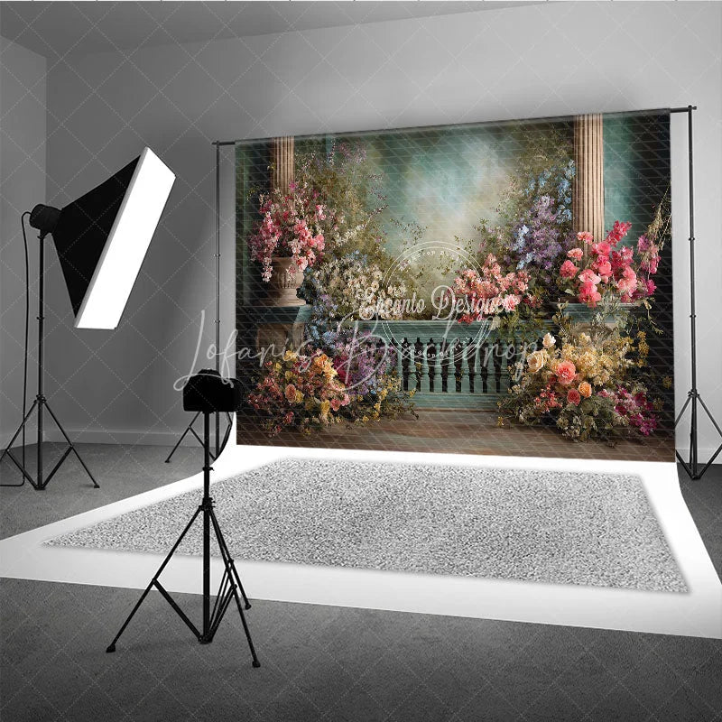 Lofaris Elegant Floral Garden Photography Backdrop Columns and Romantic Balustrade for Weddings Portraits