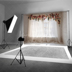Lofaris Elegant Floral Garland Sheer Curtain Window Photography Backdrop White Brick Wall Wooden Floor for Romantic Portraits