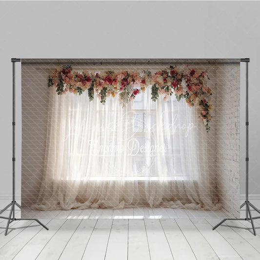 Lofaris Elegant Floral Garland Sheer Curtain Window Photography Backdrop White Brick Wall Wooden Floor for Romantic Portraits