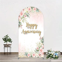 Lofaris Elegant Floral Happy Anniversary Arch Backdrop Romantic Pink Rose Party Decor