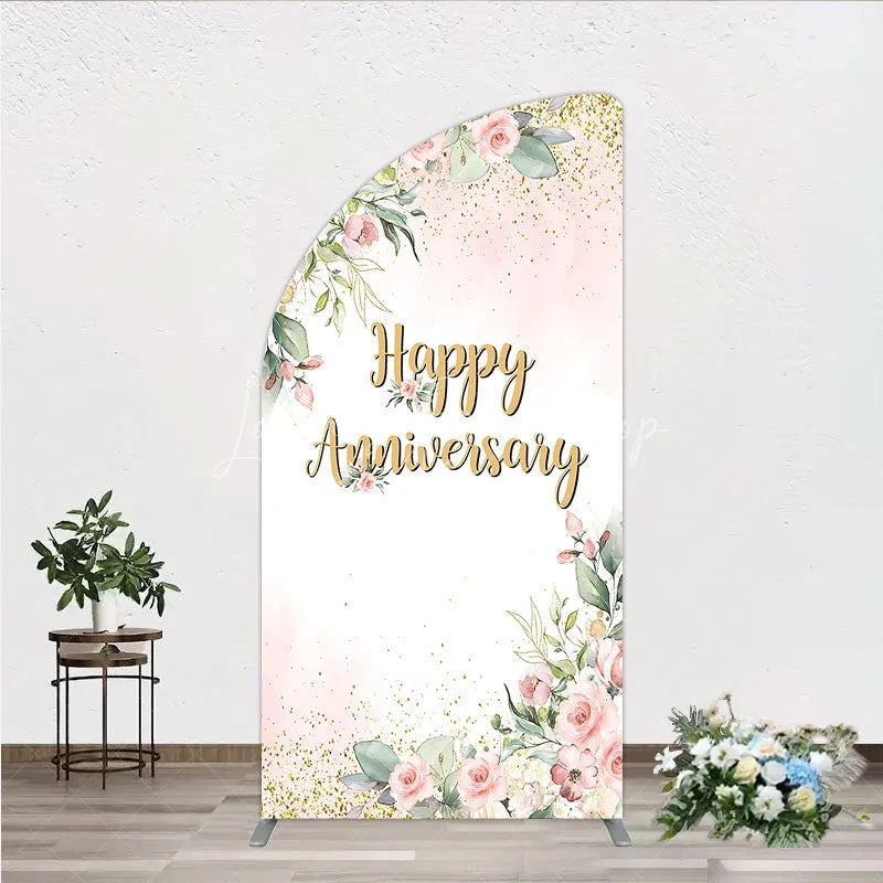 Lofaris Elegant Floral Happy Anniversary Half Moon Arch Backdrop Romantic Pink Rose Party Decor