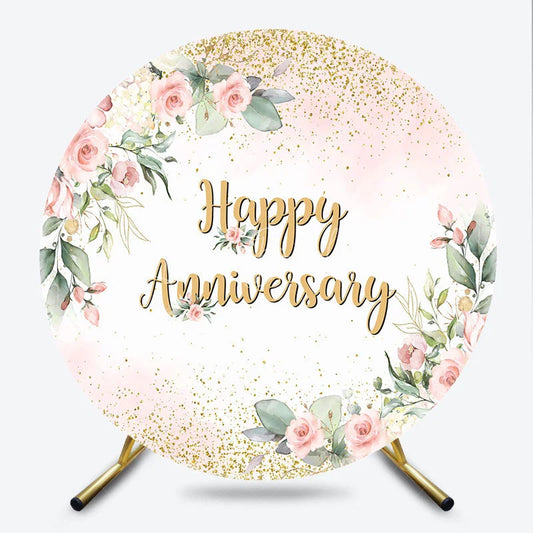 Lofaris Elegant Floral Happy Anniversary Round Backdrop Romantic Pink Rose and Gold Glitter Party Decor