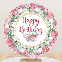 Lofaris Elegant Floral Happy Birthday Round Backdrop Gold Frame Flower Background for Party