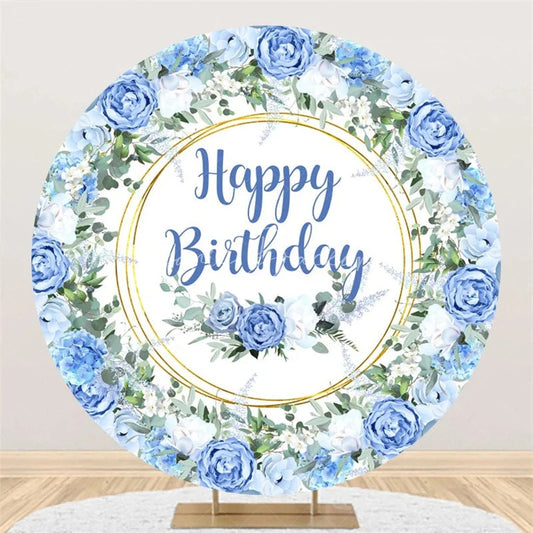 Lofaris Elegant Floral Happy Birthday Round Backdrop Gold Frame Flower Background for Party