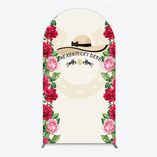 Lofaris Elegant Floral Horse Racing Derby Day Round Top Arch Backdrop with Watercolor Roses and a Stylish Hat