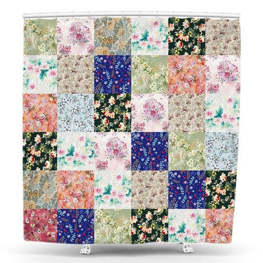 Lofaris Elegant Floral Patchwork Shower Curtain featuring Watercolor Roses and Pastel Botanical Patterns for Bathroom Decor