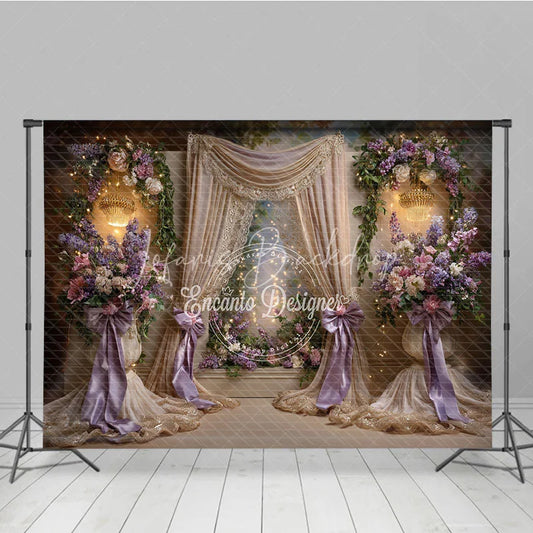 Lofaris Elegant Floral Photography Backdrop with Purple and Pink Flowers Golden Drapes Sparkling Chandeliers for Celebrations