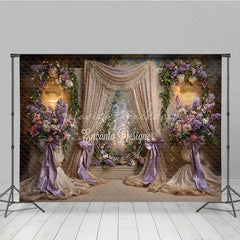 Lofaris Elegant Floral Photography Backdrop with Purple and Pink Flowers Golden Drapes Sparkling Chandeliers for Celebrations