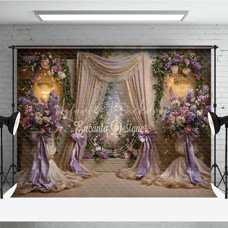 Lofaris Elegant Floral Photography Backdrop with Purple and Pink Flowers Golden Drapes Sparkling Chandeliers for Celebrations