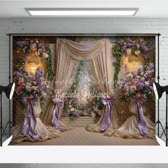 Lofaris Elegant Floral Photography Backdrop with Purple and Pink Flowers Golden Drapes Sparkling Chandeliers for Celebrations