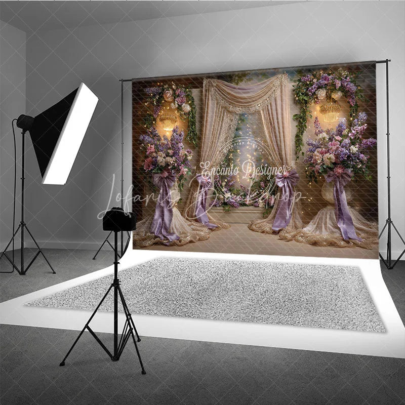 Lofaris Elegant Floral Photography Backdrop with Purple and Pink Flowers Golden Drapes Sparkling Chandeliers for Celebrations