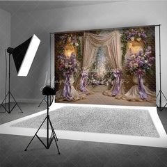 Lofaris Elegant Floral Photography Backdrop with Purple and Pink Flowers Golden Drapes Sparkling Chandeliers for Celebrations