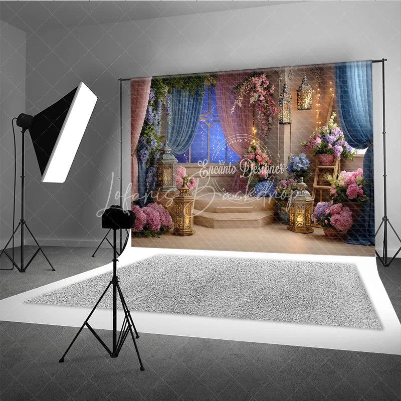 Lofaris Elegant Floral Photography Backdrop with Starry Night Window and Romantic Lanterns for Baby Shower Birthday