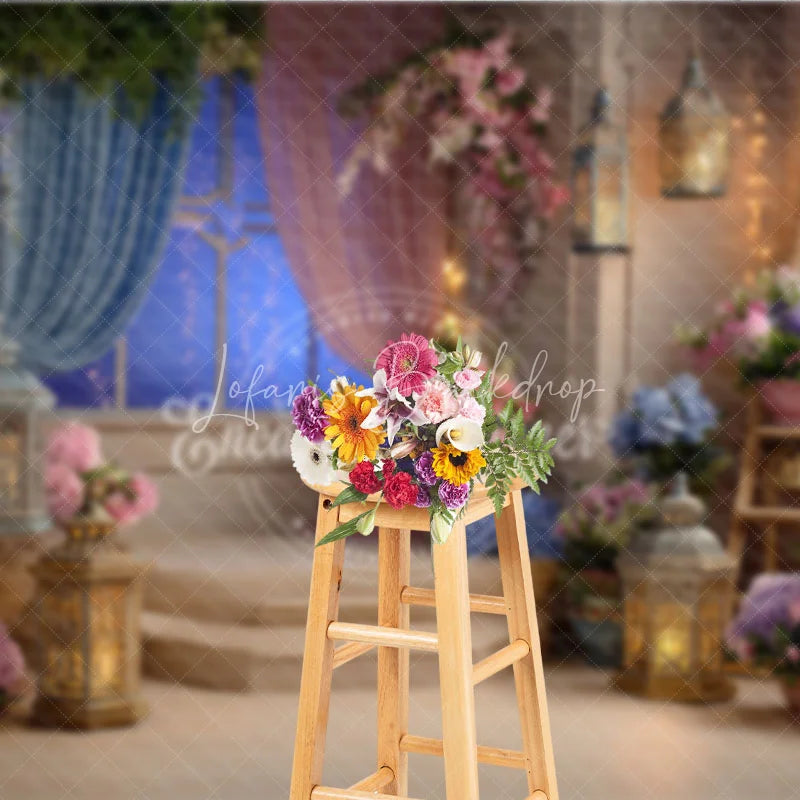 Lofaris Elegant Floral Photography Backdrop with Starry Night Window and Romantic Lanterns for Baby Shower Birthday