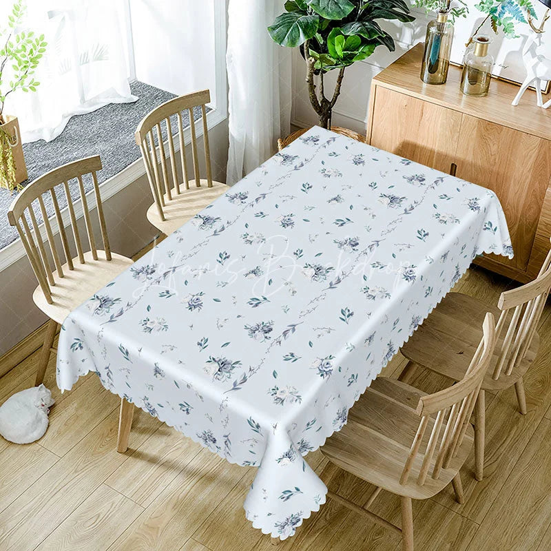 Lofaris Elegant Floral Rectangle Tablecloth Blue Botanical Print on White Simple Farmhouse Kitchen Dining Decor