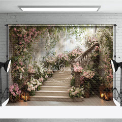 Lofaris Elegant Floral Staircase with Blooming Roses Photography Backdrop Romantic Garden Party Decor