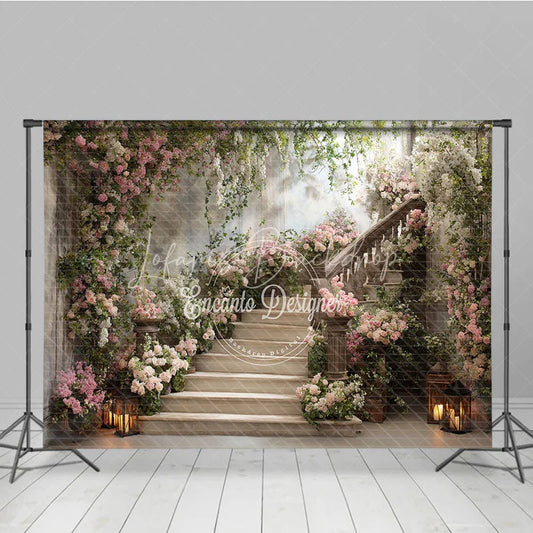 Lofaris Elegant Floral Staircase with Blooming Roses Photography Backdrop Romantic Garden Party Decor