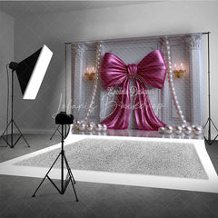 Lofaris Elegant Fuchsia Bow and Pearl Photography Backdrop Classic White Column Wall for Party Decor