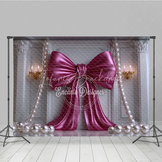 Lofaris Elegant Fuchsia Bow and Pearl Photography Backdrop Classic White Column Wall for Party Decor