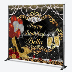 Lofaris Elegant Gold and Black Custom Birthday Backdrop with Champagne Heels Glamorous Party Decoration