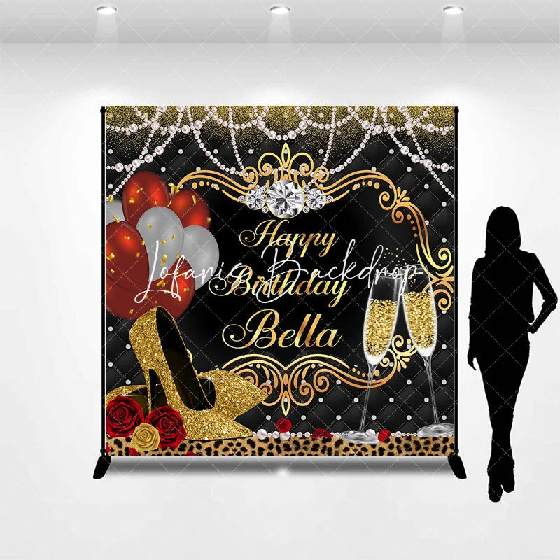 Lofaris Elegant Gold and Black Custom Birthday Backdrop with Champagne Heels Glamorous Party Decoration
