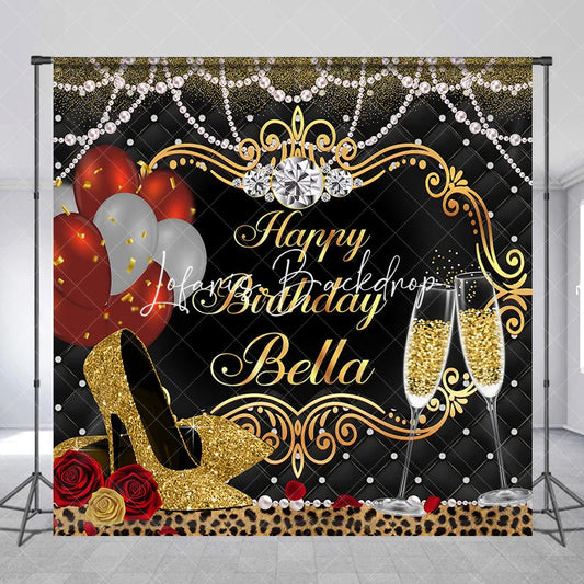 Lofaris Elegant Gold and Black Custom Birthday Backdrop with Champagne Heels Glamorous Party Decoration