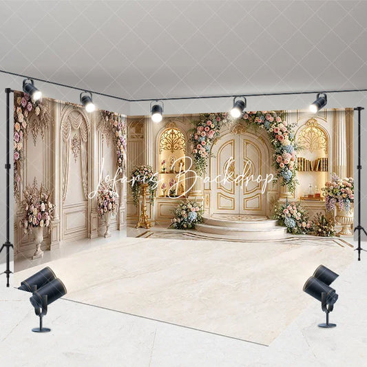 Lofaris Elegant Gold and White Ornate Room Set Backdrop with Floral Arch Double Doors Luxurious Wedding Photography Decor