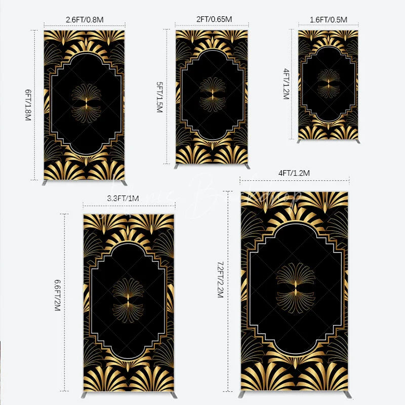 Lofaris Elegant Gold Art Deco Fan Rectangle Backdrop Luxury Black and Gatsby Style Party Cover