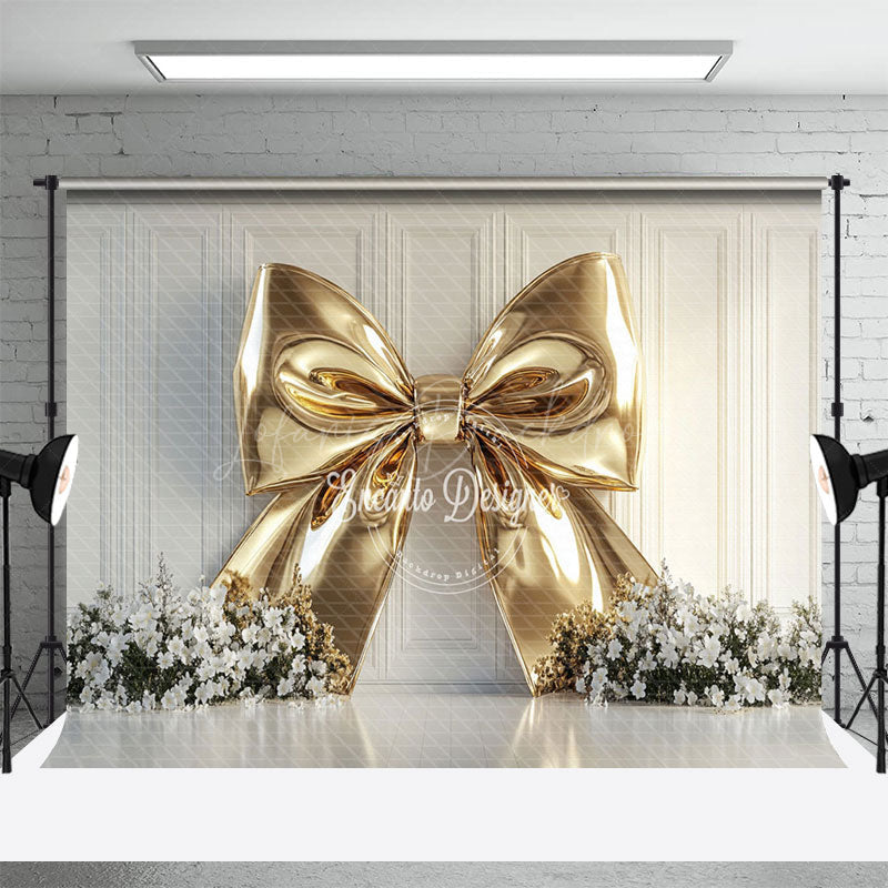 Lofaris Elegant Gold Bow White Floral Wedding Photo Backdrop