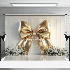 Lofaris Elegant Gold Bow White Floral Wedding Photo Backdrop