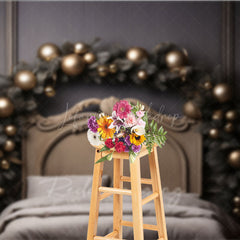 Lofaris Elegant Gold Christmas Headboard Photography Backdrop Vintage Bed with Ornaments Luxury Holiday Photo Prop