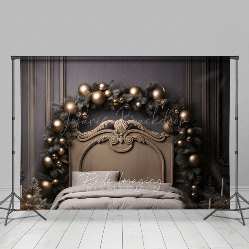 Lofaris Elegant Gold Christmas Headboard Photography Backdrop Vintage Bed with Ornaments Luxury Holiday Photo Prop