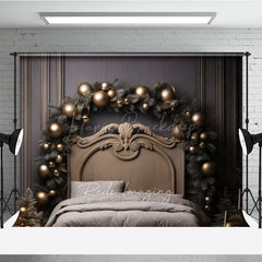 Lofaris Elegant Gold Christmas Headboard Photography Backdrop Vintage Bed with Ornaments Luxury Holiday Photo Prop