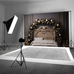 Lofaris Elegant Gold Christmas Headboard Photography Backdrop Vintage Bed with Ornaments Luxury Holiday Photo Prop