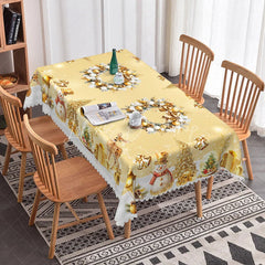 Lofaris Elegant Gold Christmas Rectangle Tablecloth with Wreath Snowman and Reindeer Luxury Holiday Dining Decor