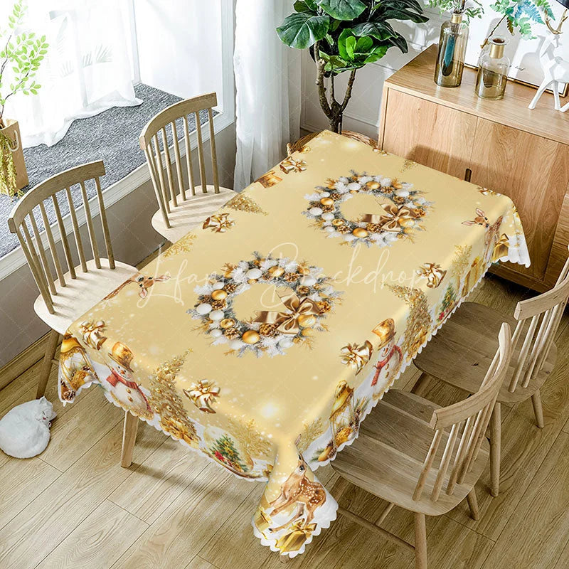 Lofaris Elegant Gold Christmas Rectangle Tablecloth with Wreath Snowman and Reindeer Luxury Holiday Dining Decor