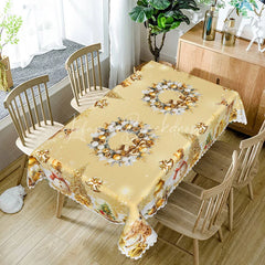 Lofaris Elegant Gold Christmas Rectangle Tablecloth with Wreath Snowman and Reindeer Luxury Holiday Dining Decor