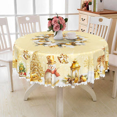 Lofaris Elegant Gold Christmas Round Tablecloth with Wreath Snowman and Reindeer Luxury Holiday Dining Decor