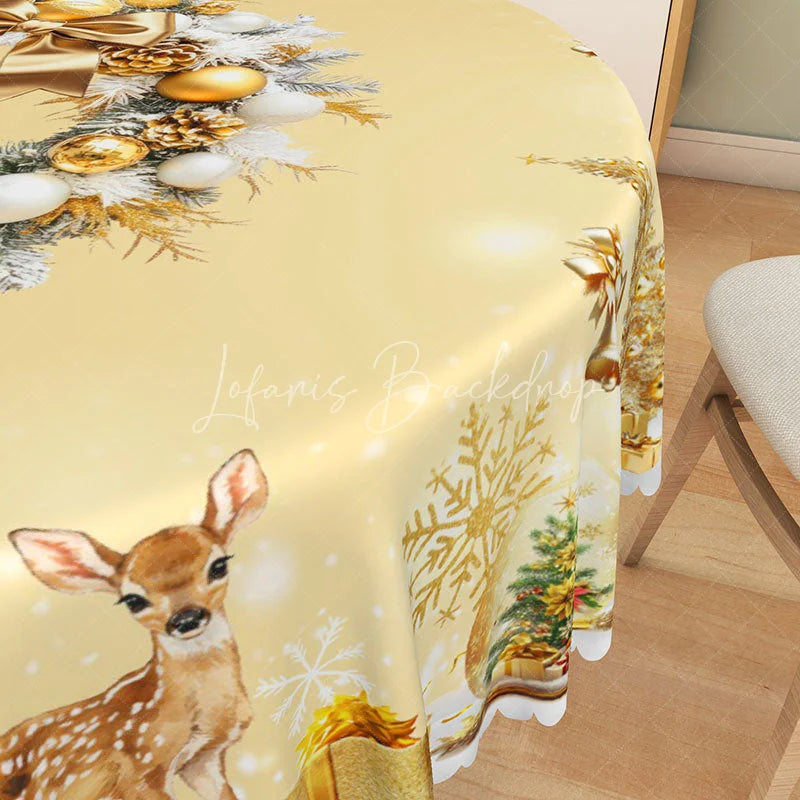 Lofaris Elegant Gold Christmas Round Tablecloth with Wreath Snowman and Reindeer Luxury Holiday Dining Decor