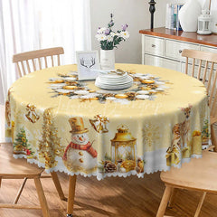 Lofaris Elegant Gold Christmas Round Tablecloth with Wreath Snowman and Reindeer Luxury Holiday Dining Decor
