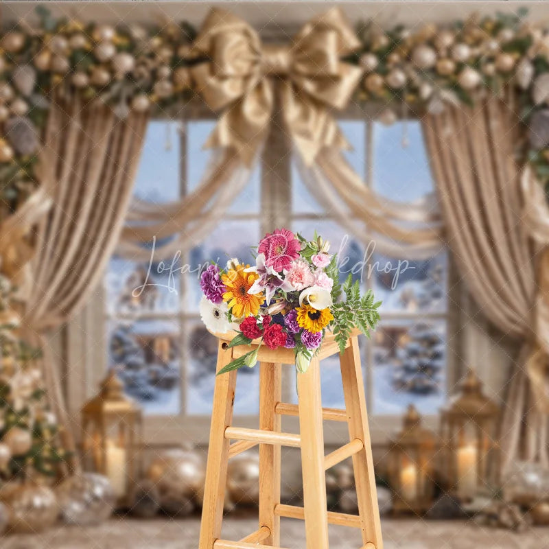 Lofaris Elegant Gold Christmas Tree and Snowy Window Holiday Backdrop Festive Winter Village Scene Decor