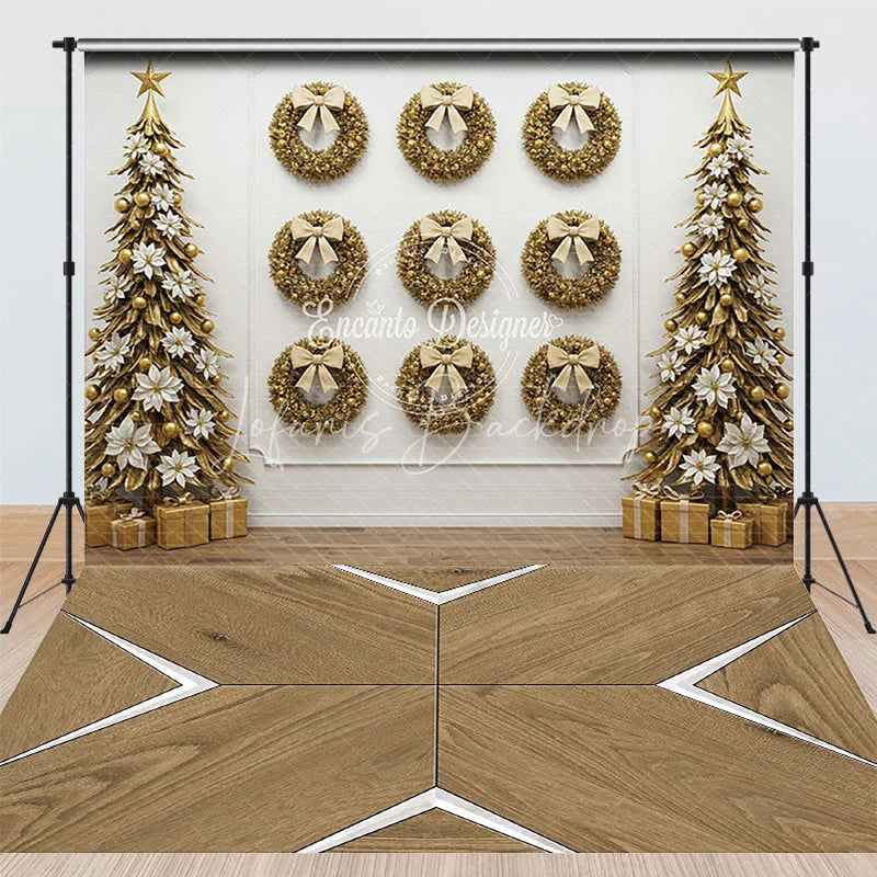 Lofaris Elegant Gold Wreath Wall Combo Set Backdrop White Christmas Trees and Modern Wood Floor for Holiday Photos