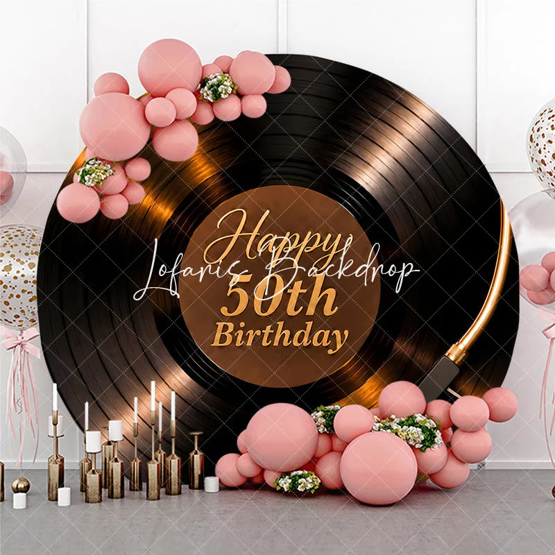 Lofaris Elegant Golden Vinyl Record Happy 50th Birthday Round Backdrop Retro Music Theme Party Decoration