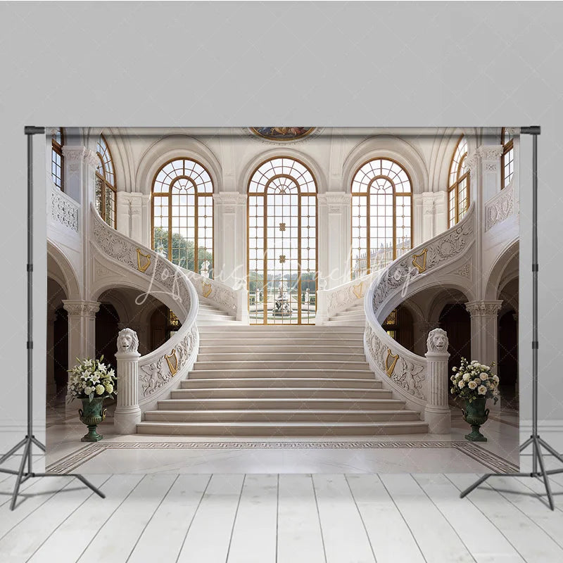 Lofaris Elegant Grand Marble Staircase Photography Backdrop Classical Palace Interior with Arched Windows