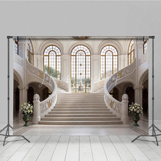Lofaris Elegant Grand Marble Staircase Photography Backdrop Classical Palace Interior with Arched Windows