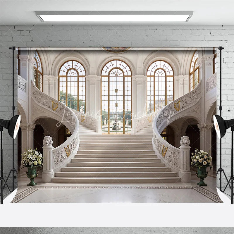Lofaris Elegant Grand Marble Staircase Photography Backdrop Classical Palace Interior with Arched Windows
