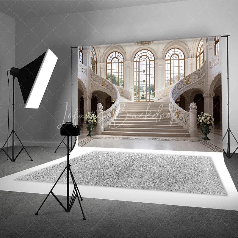 Lofaris Elegant Grand Marble Staircase Photography Backdrop Classical Palace Interior with Arched Windows
