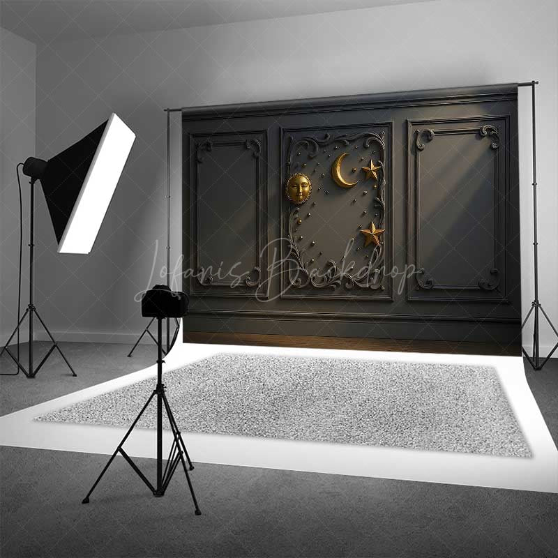 Lofaris Elegant Gray Wall Photography Backdrop with Gold Sun Moon and Stars Classic Molding Panel Studio Photo Prop